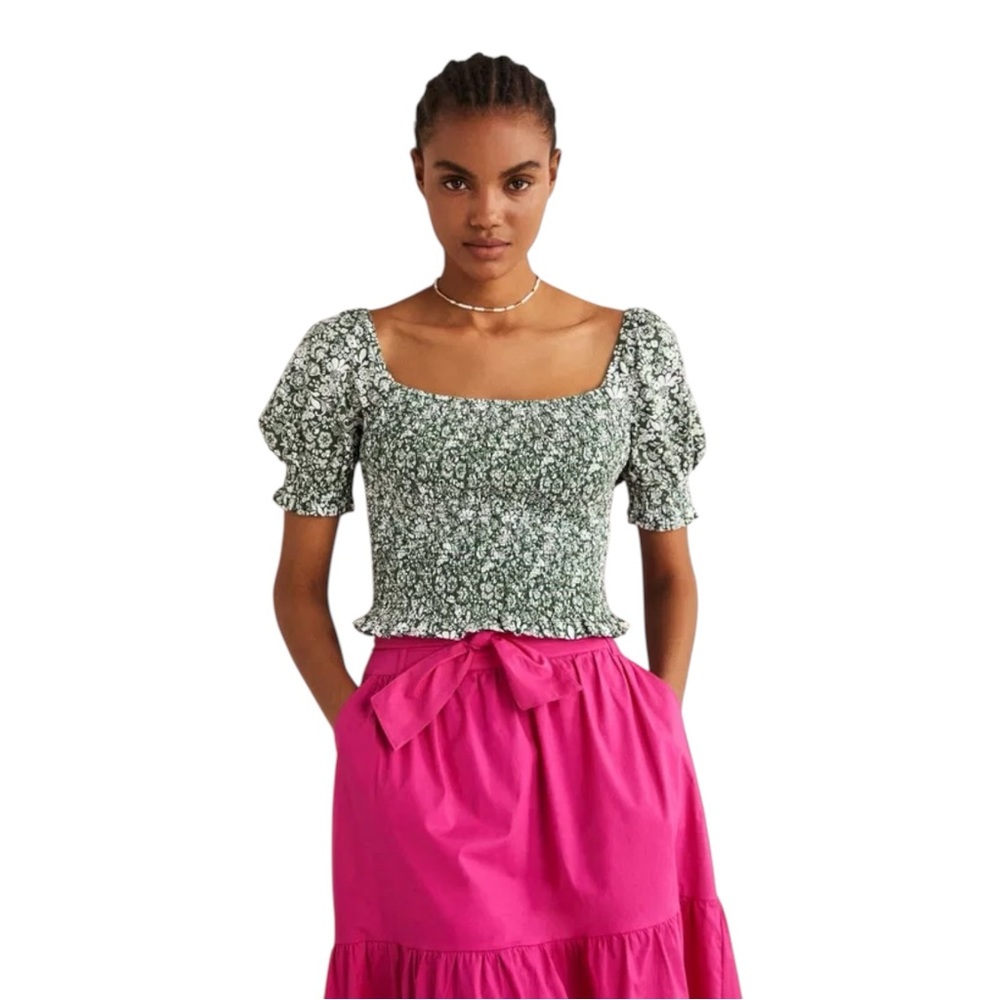 Boden Square Neck Smocked Top Crop Women’s 6‎ Green Floral
